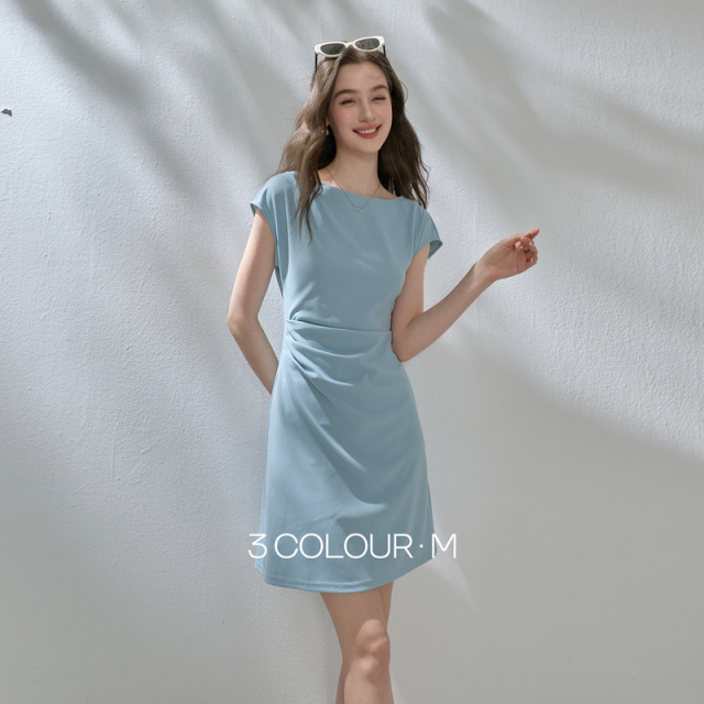 13599431.三彩2026夏季新款纯色连衣裙极简短袖A字裙短裙优雅气质M