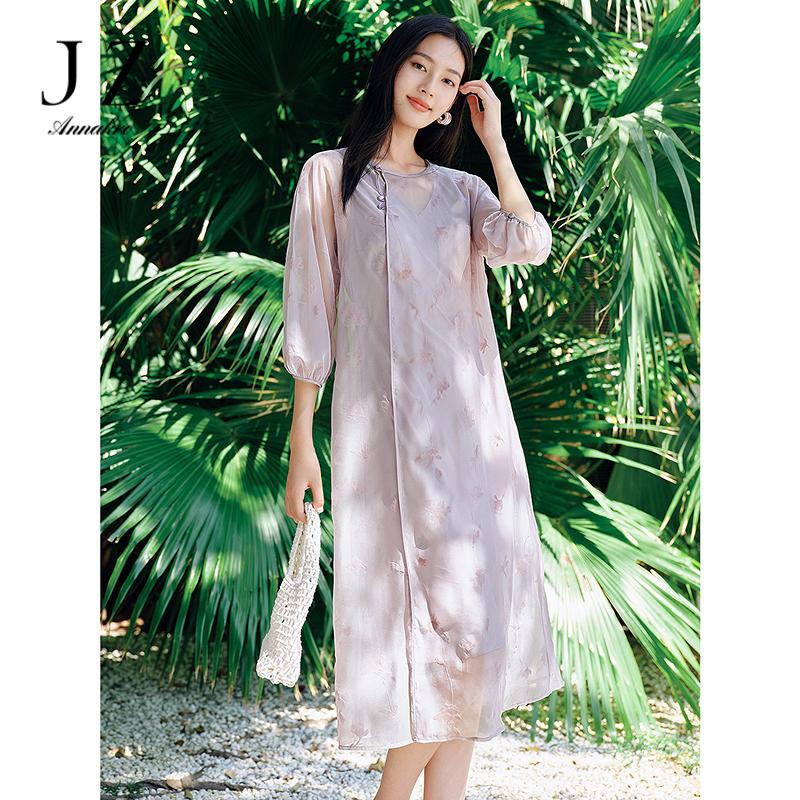 13599702.玖姿安娜蔻浪漫欧若风欧根纱植绒花连衣裙两件套女夏季新款