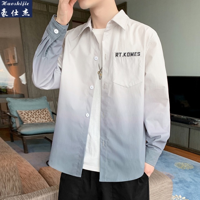 13598141.《休闲百搭》夏季新款学院风渐变衬衫男短袖潮打底防晒衬衣