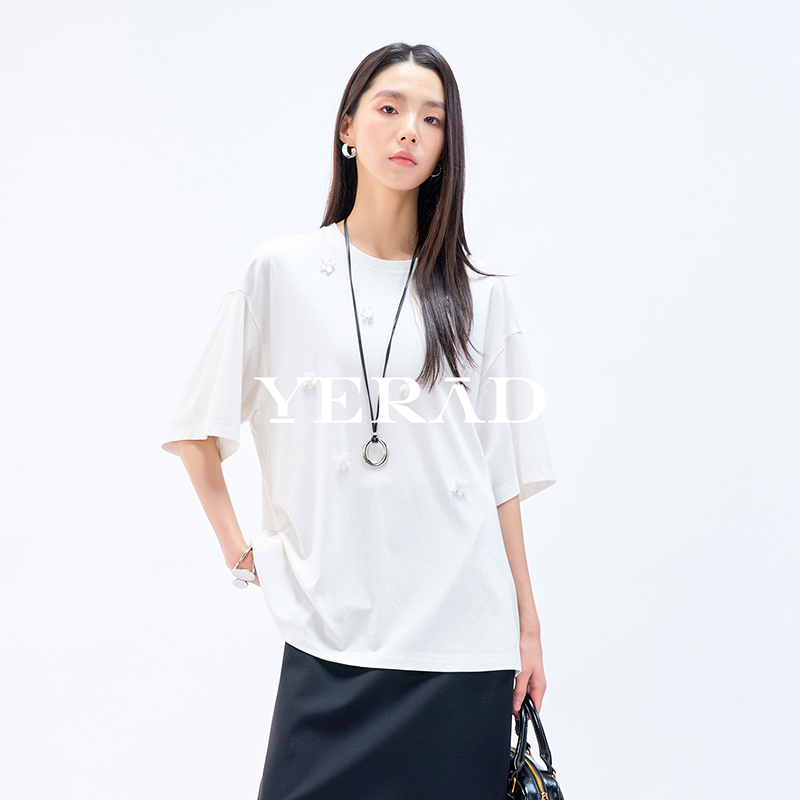 13599032.【娅丽达】桑蚕丝+醋酸混纺时尚后系带镂空短袖T恤女