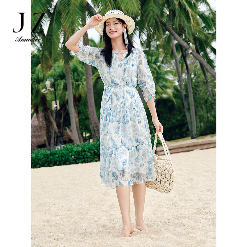 13600695.【海盐之夏】玖姿安娜蔻度假风印花雪纺收腰连衣裙夏季新款