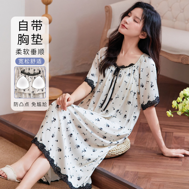 13600260.【自带胸垫】法式浪漫轻薄冰雪丝透气舒适缎面柔顺女士家居服睡裙