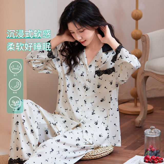 13600244.【高级缎面 柔软透气】夏季睡衣女冰雪丝蕾丝拼接女家居服套装