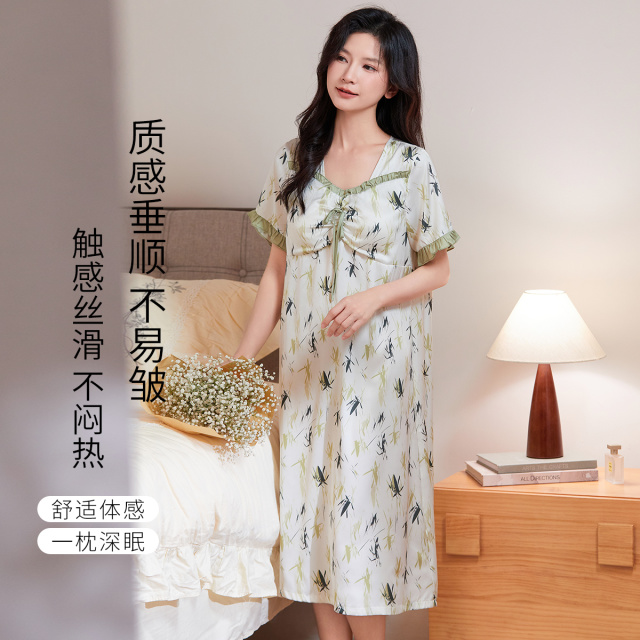 13600269.【轻奢新中式】带胸垫可外穿撞色缎面冰雪丝高级感女士家居服睡裙