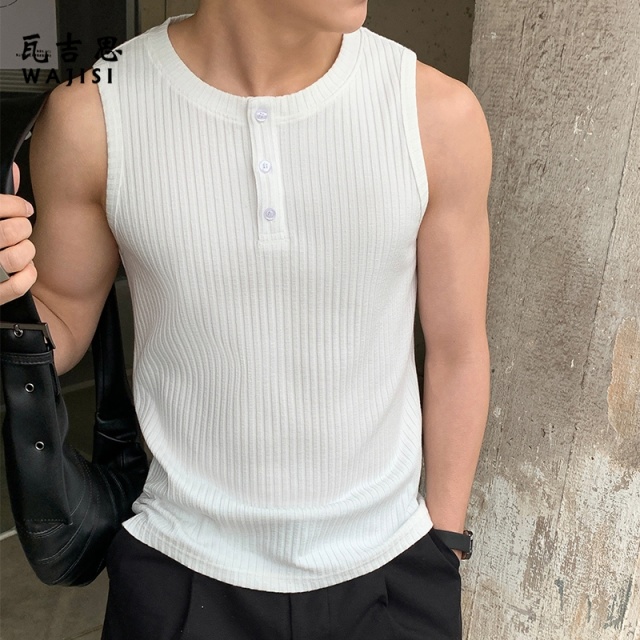 13601015.亨利领坑条肌理健身背心男士夏季新款纯色罗纹无袖坎肩T恤