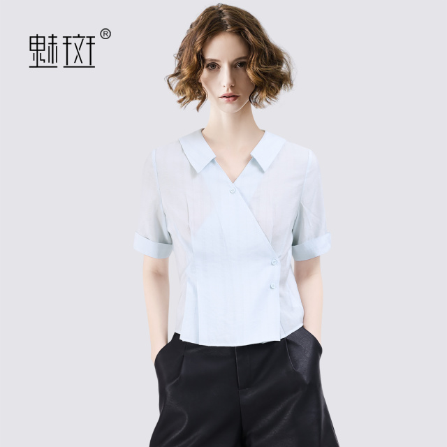 13603199.魅斑V领斜门襟衬衫短袖衬衣