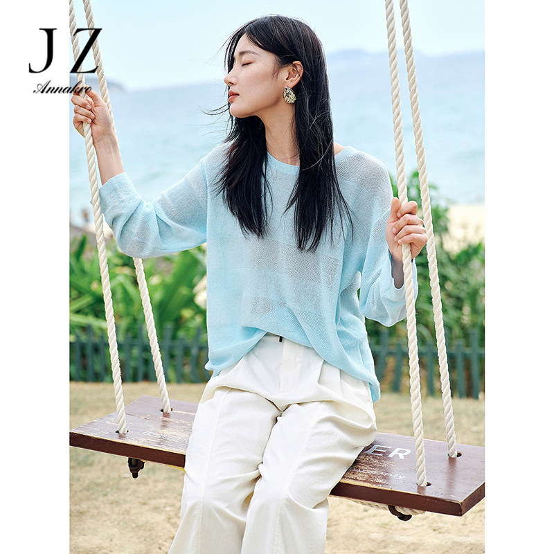 13603429.【鲜氧衫】玖姿安娜蔻雪花麻宽松肌理感长袖针织衫女夏季新款
