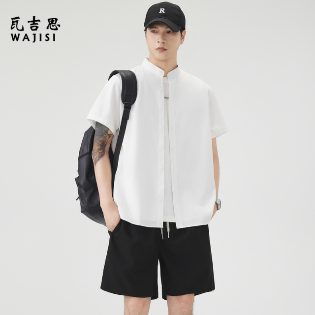 13601071.男士衬衫夏季薄款短袖中式立领国风款衬衣纯色透气潮流款男士上衣