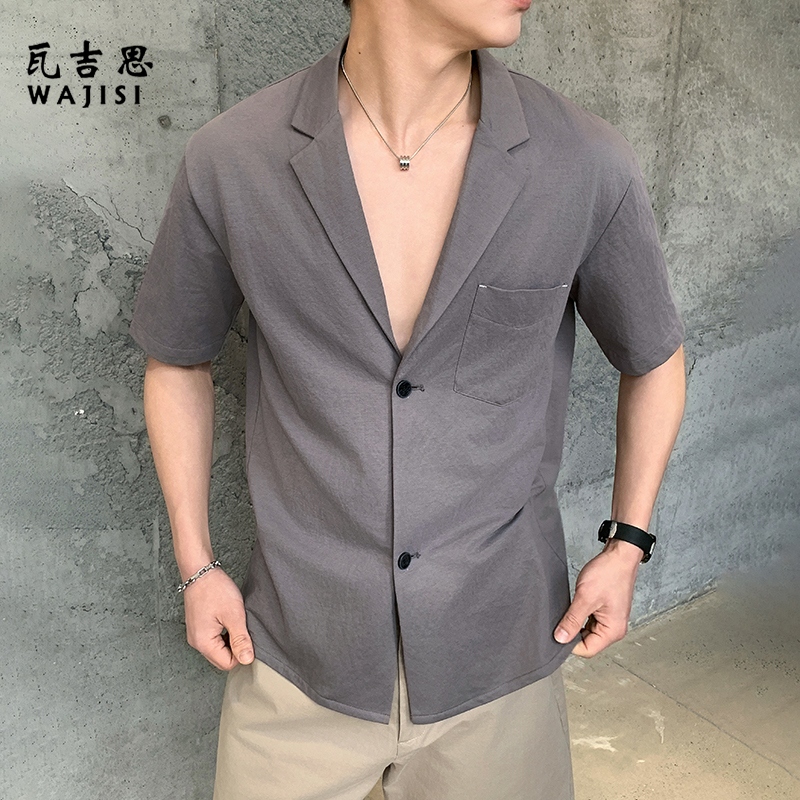 13601127.老钱风纯色古巴领短袖衬衫男士夏季新款宽松百搭衬衣