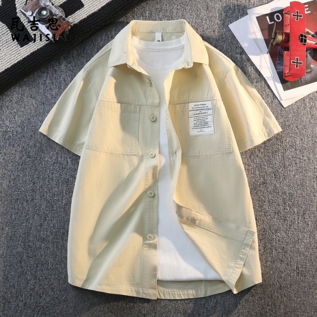 13601118.全棉夏季牛仔日系工装风短袖衬衫男宽松翻领休闲透气纽扣衬衣外套