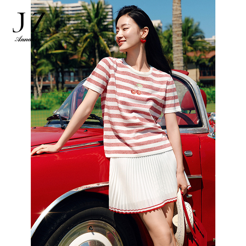 13603537.【蜜意生活】玖姿安娜蔻航海风雪花麻条纹短袖针织女夏季新款