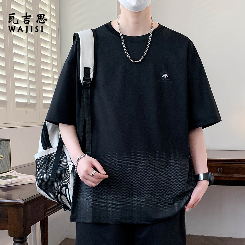 13601116.夏季新款圆领夜晚反光标冰丝短袖t恤男青少年中学生宽松凉感半袖T恤