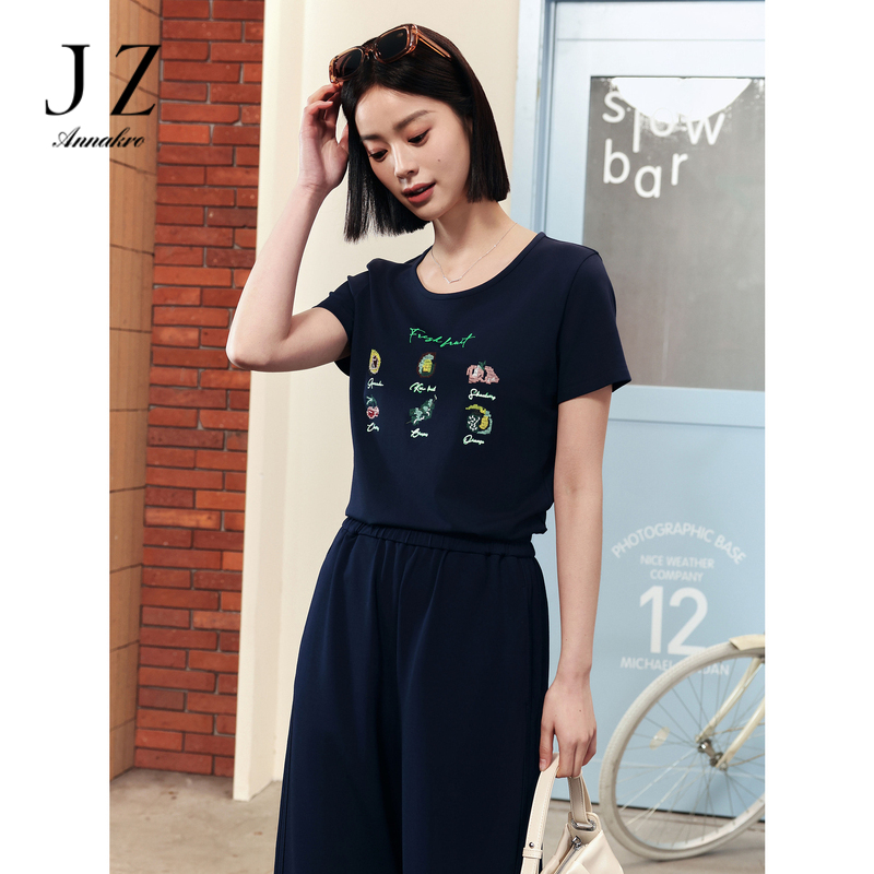 13603364.商场同款JZ玖姿活力趣味夜空蓝修身T恤女装夏季新款JZEX83316