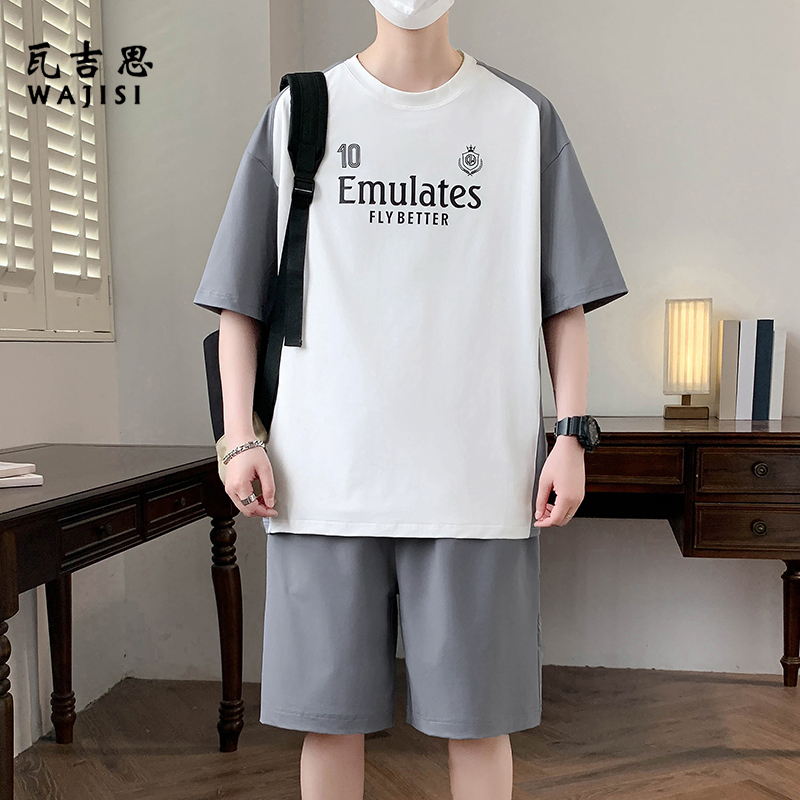 13601122.青少年潮流宽松T恤初高中男孩休闲时髦套装夏季透气网眼速干短袖