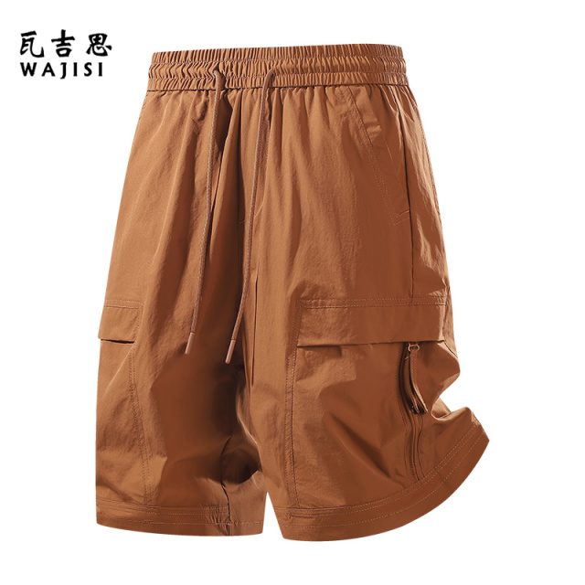 13601132.工装短裤男夏季薄款多口袋中裤时尚潮流松紧腰抽绳设计五分裤男生