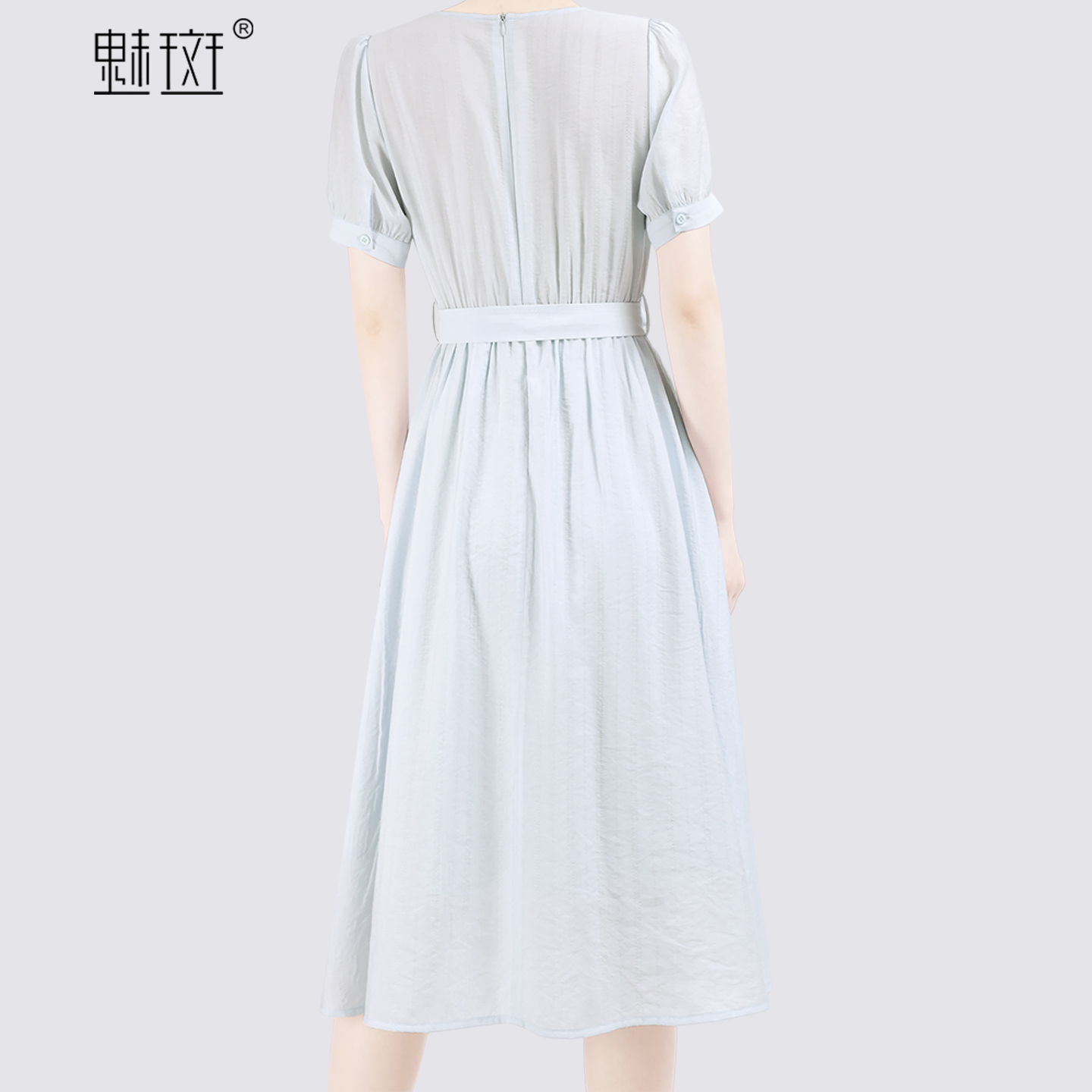 13603193.魅斑蓝色V领连衣裙A字裙