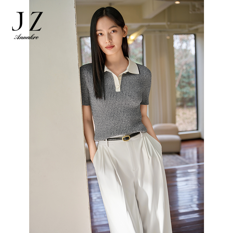 13603608.玖姿安娜蔻知识分子格雷灰POLO领短袖针织衫女夏季新款