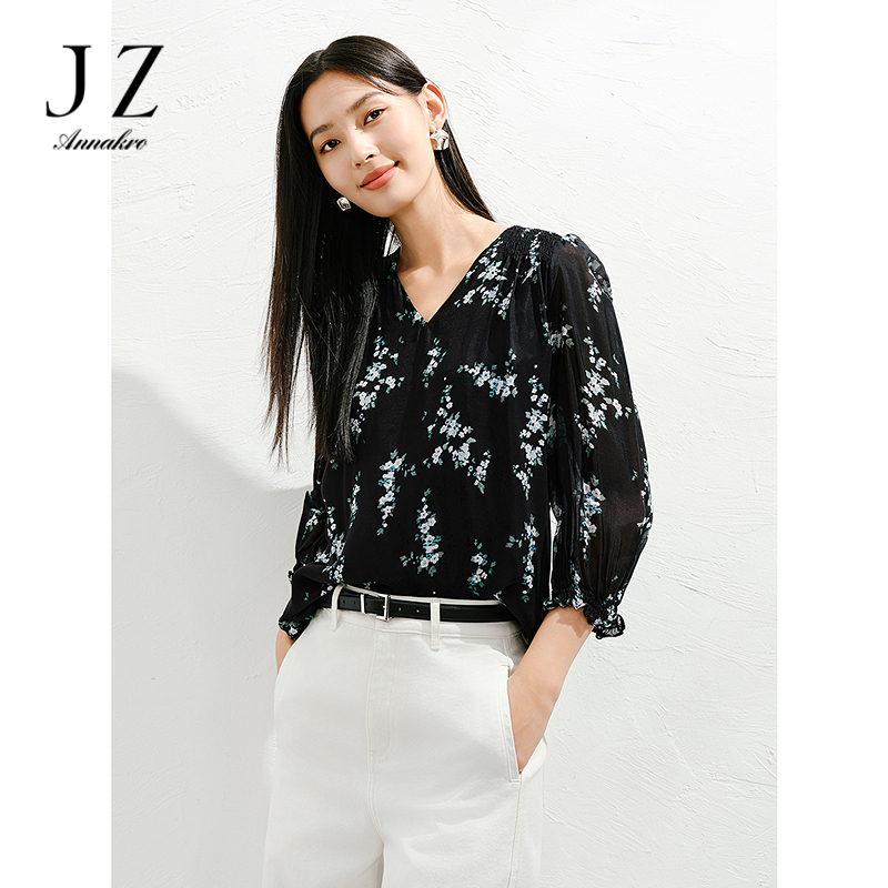 13603090.玖姿安娜蔻优雅淑女风桑蚕丝印花V领H型中袖上衣女夏季新款
