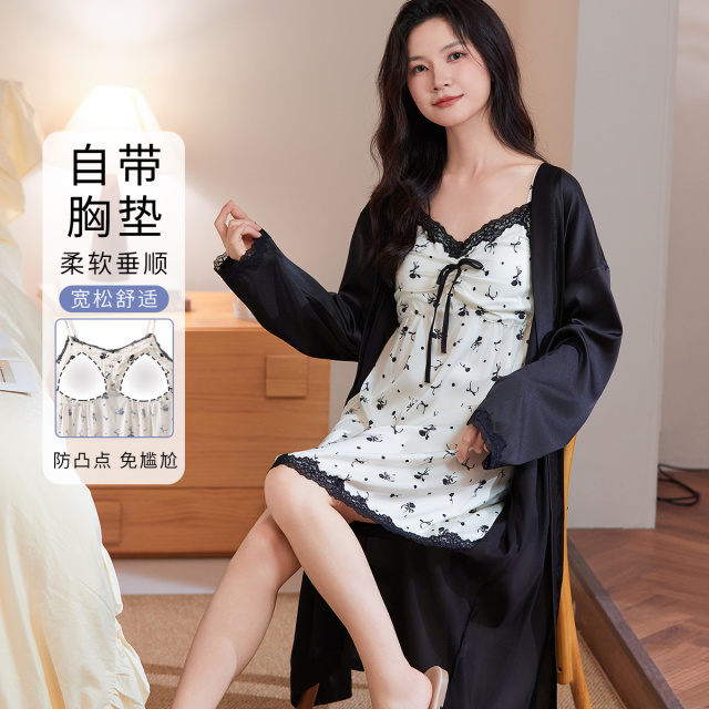 13602853.【法式性感 带胸垫】夏季冰丝女士薄家居服吊带睡裙睡袍两件套装