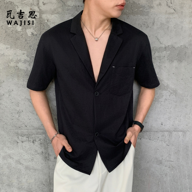 13601127.老钱风纯色古巴领短袖衬衫男士夏季新款宽松百搭衬衣