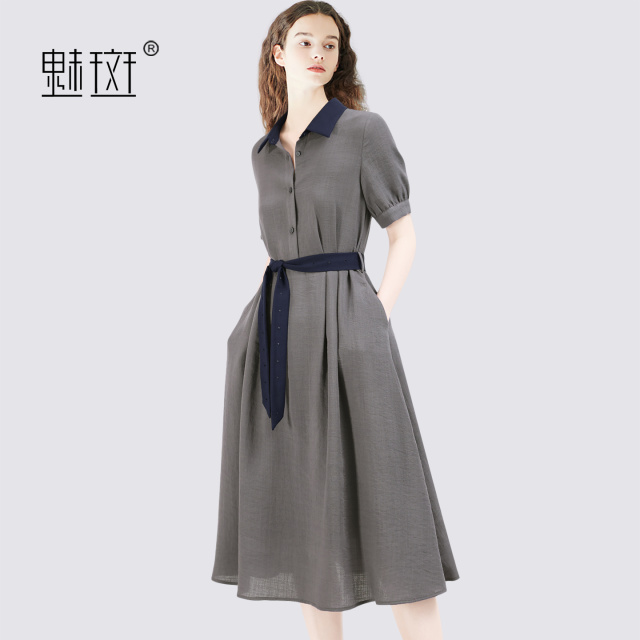 13603183.魅斑翻领撞色收腰灰色连衣裙裙子