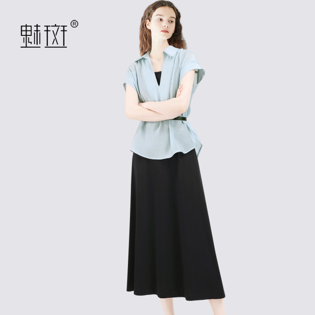 13603184.魅斑吊带裙天丝短袖衬衫两件套套装裙