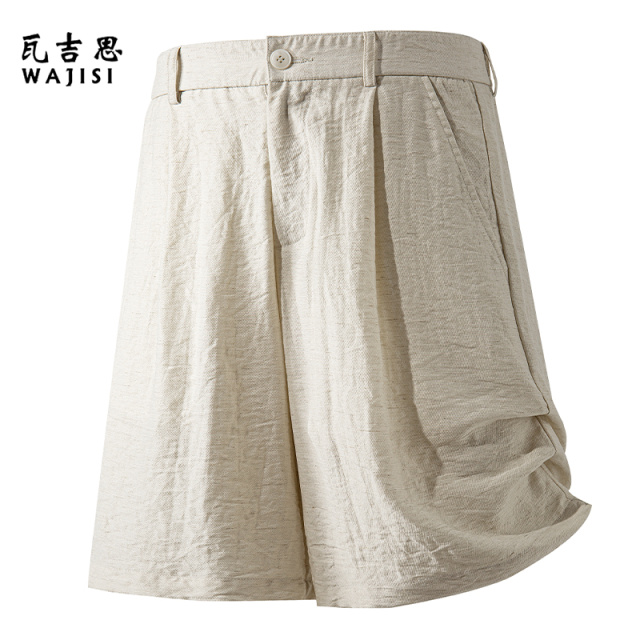 13601054.意式复古做旧微皱设计仿亚麻休闲短裤商务休闲弹力腰头五分裤男夏