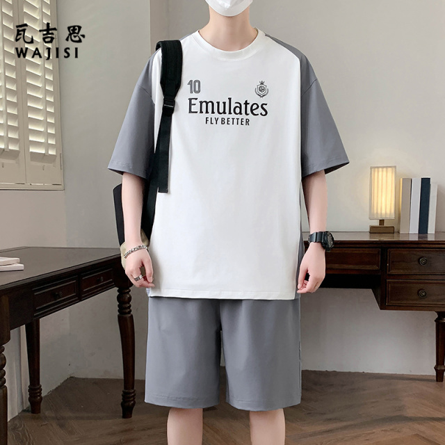 13601122.青少年潮流宽松T恤初高中男孩休闲时髦套装夏季透气网眼速干短袖