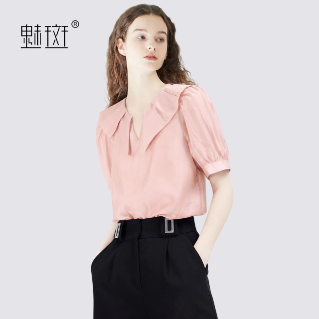 13603189.魅斑V领天丝粉色衬衫衬衣