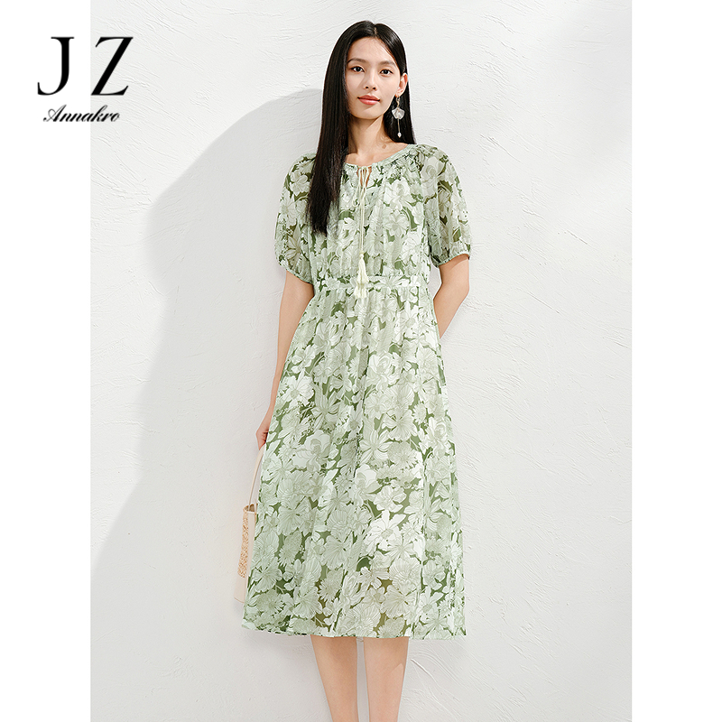 13604622.玖姿安娜蔻优雅清新植物系印花雪纺收腰连衣裙女夏季新款