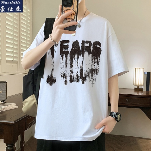 13603995.《潮流时尚简约》夏季男生短袖t恤纯棉高品质潮牌涂鸦T恤半袖