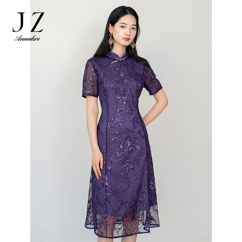 13604579.JUZUI玖姿优雅新中式改良旗袍亮片连衣裙女夏季新款JWFX50116