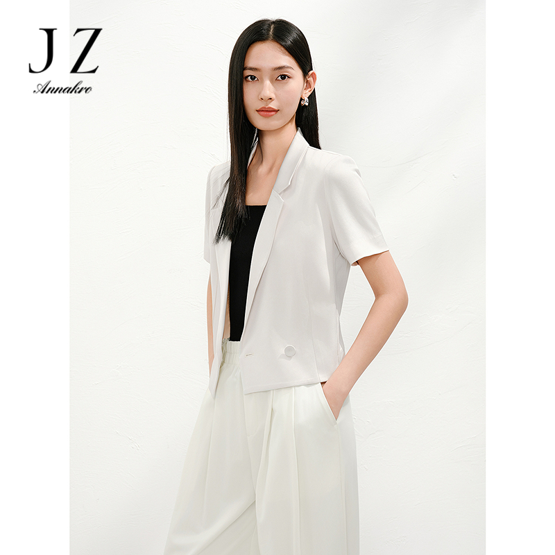 13604367.玖姿安娜蔻优雅通勤简约双排扣驳领醋酸短袖西装女夏季新款