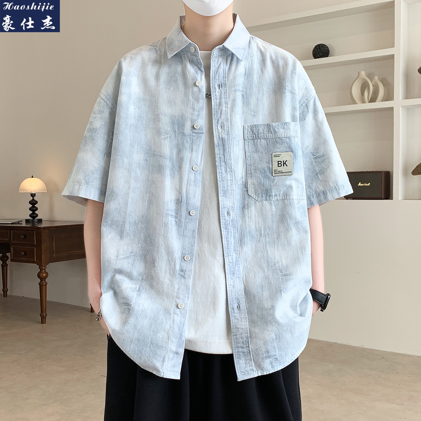 13613092.《百搭潮流》夏季新款百搭时髦休闲潮流简约短袖衬衫男
