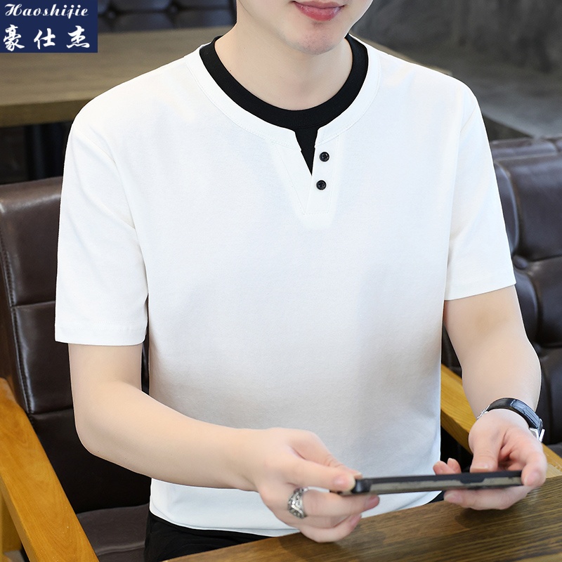 13613091.《百搭潮流》夏季老钱风假两件双层领T恤潮流复古青年短袖
