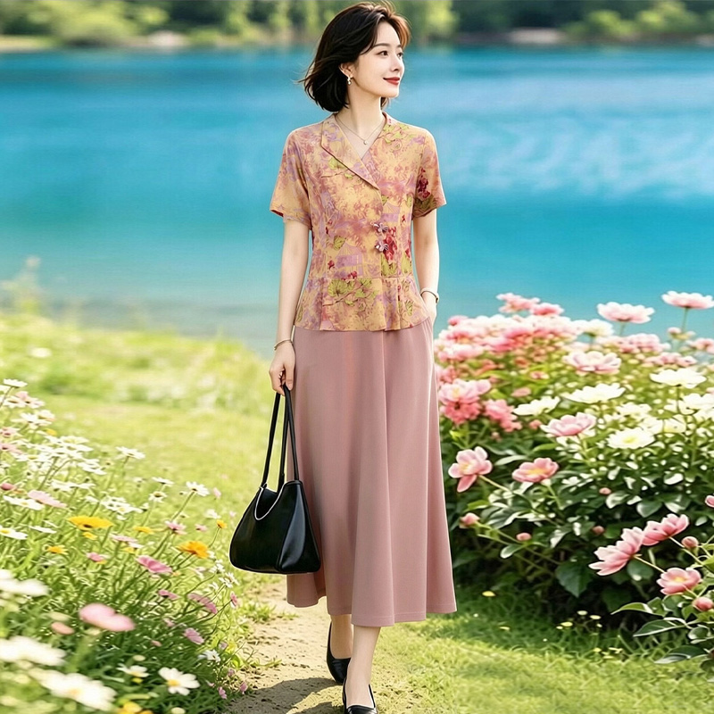 13615782.妈妈装夏季设计感假两件时尚优雅连衣裙Q6FCL2630
