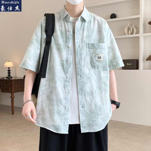 13613092.《百搭潮流》夏季新款百搭时髦休闲潮流简约短袖衬衫男