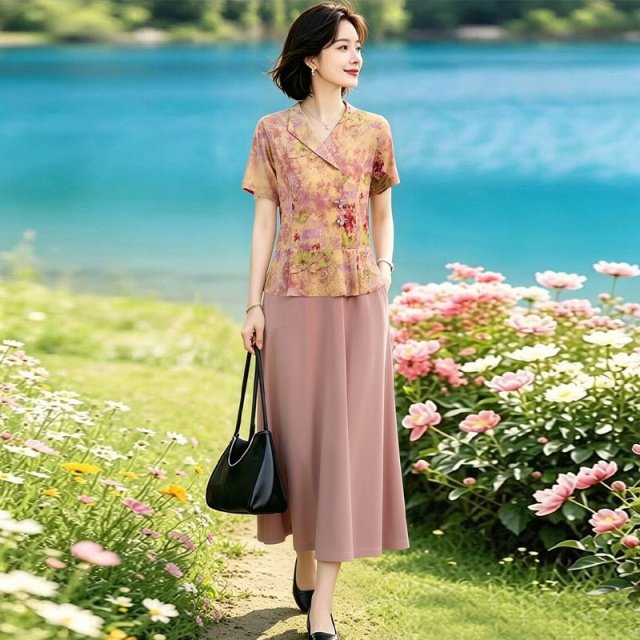 13615782.妈妈装夏季设计感假两件时尚优雅连衣裙Q6FCL2630