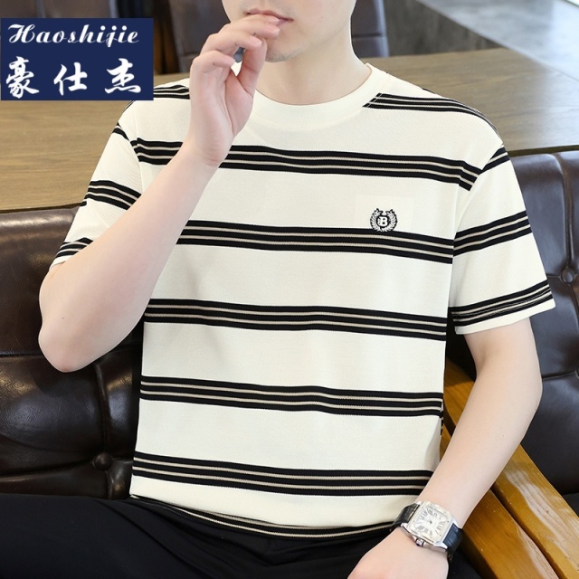 13613085.《休闲舒适》夏季新款条纹短袖百搭休闲青年短袖T恤