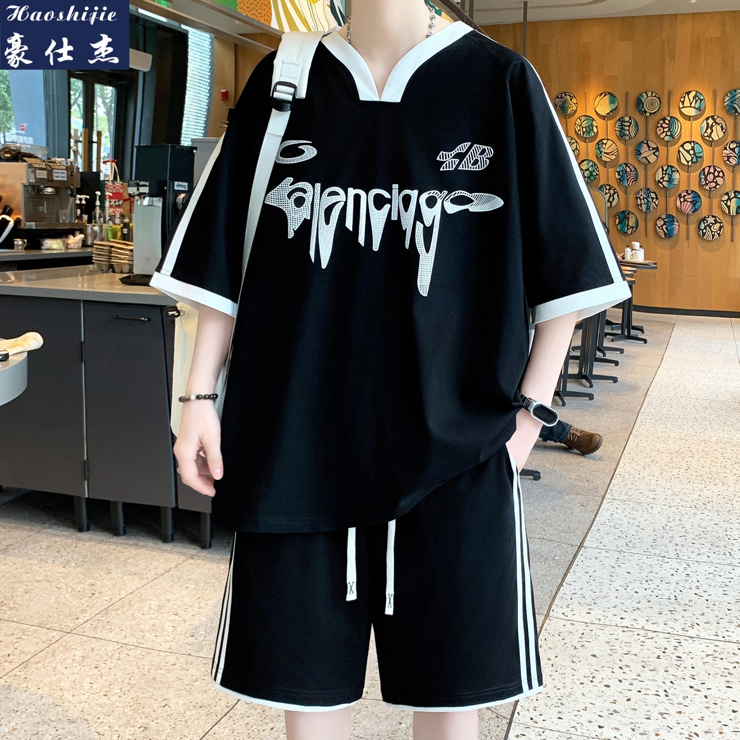 13616739.《休闲时髦》夏季男潮流青少年短袖T恤宽松短裤休闲运动套装