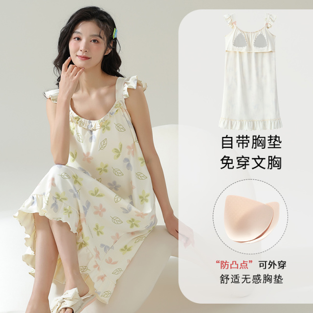 13619201.派邦奴纯棉带胸垫薄款睡裙简约透气女士居家外穿夏季ck