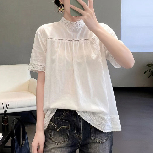 13619001.丹芙娅白色短袖立领衬衫女2026夏季设计感蕾丝镂空上衣