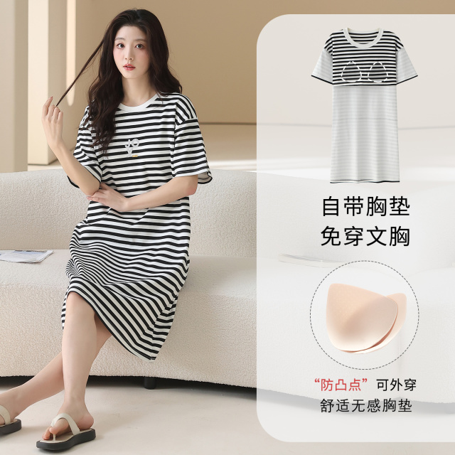 13619195.派邦奴棉拉架带胸垫短袖条纹舒适透气女生睡裙ck