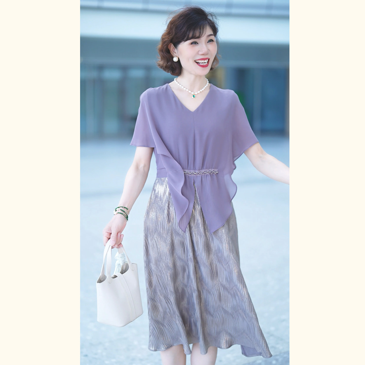 13622253.年轻妈妈夏装紫色上衣连衣裙2026新款洋气质雪纺收腰减龄裙子