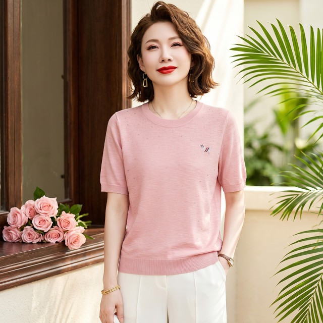 13622252.妈妈装夏季针织衫圆领套头百搭春夏中老年女式短袖减龄夏装上衣