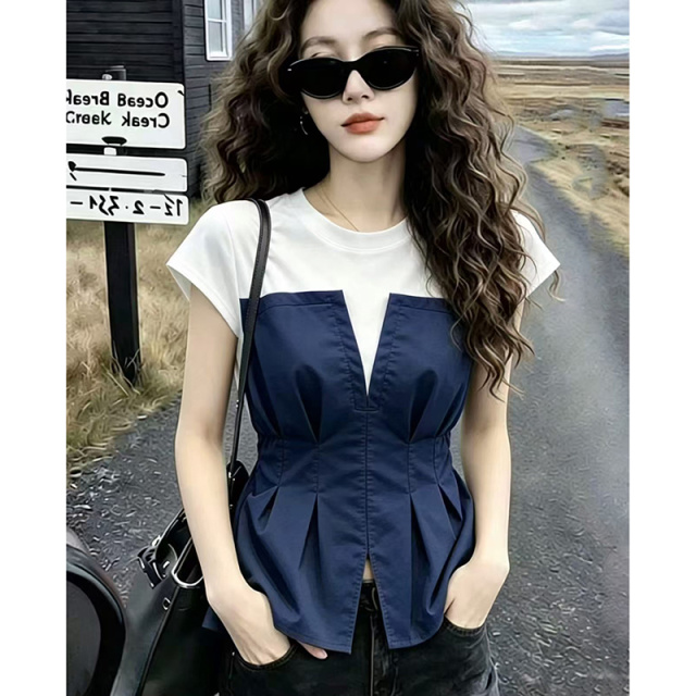 13622505.【功佑】圆领气质拼接设计感收腰短袖