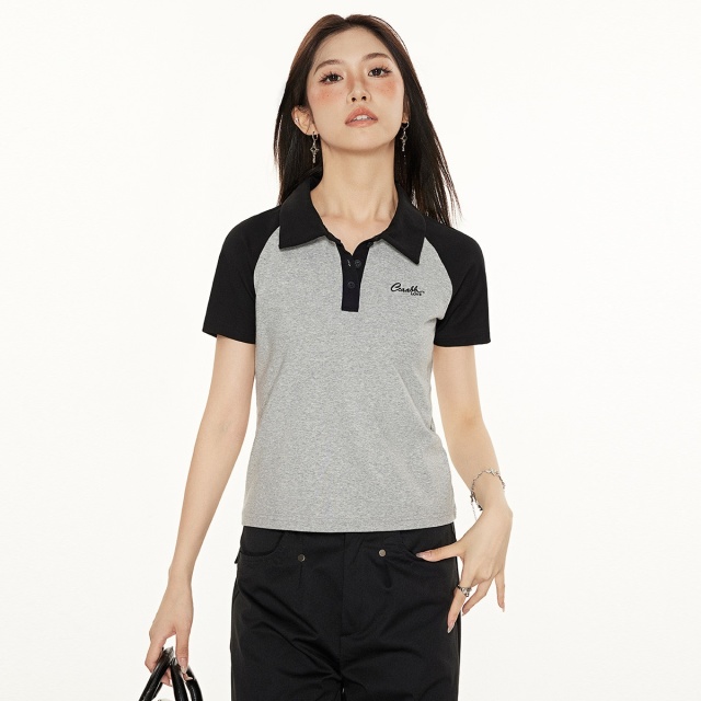 13715521.it ccaabb 夏季翻领POLO简约拼色舒适短袖T恤女款上衣