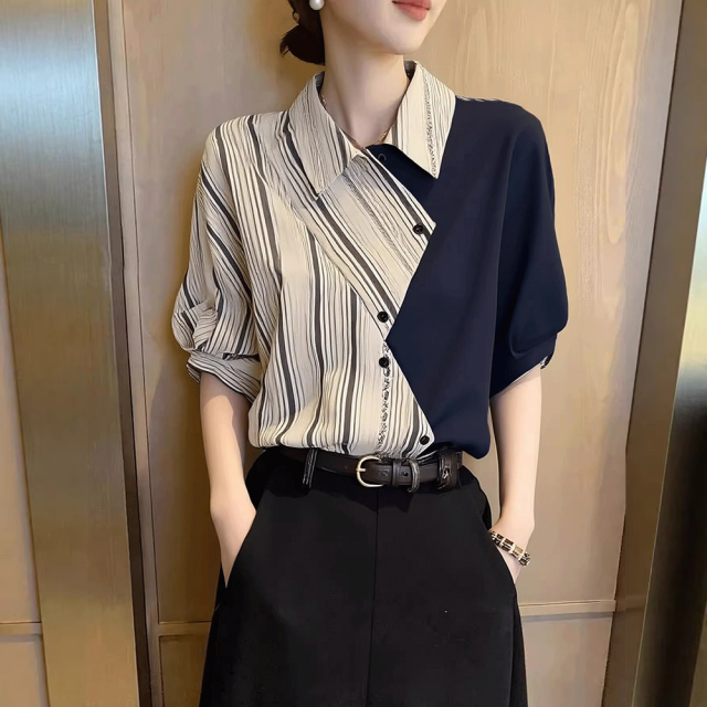 13622357.丹芙娅新款复古拼接翻领设计感条纹撞色短袖衬衫