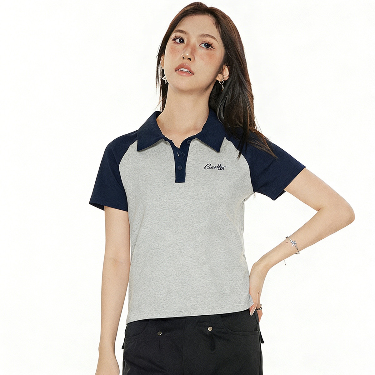 13715521.it ccaabb 夏季翻领POLO简约拼色舒适短袖T恤女款上衣