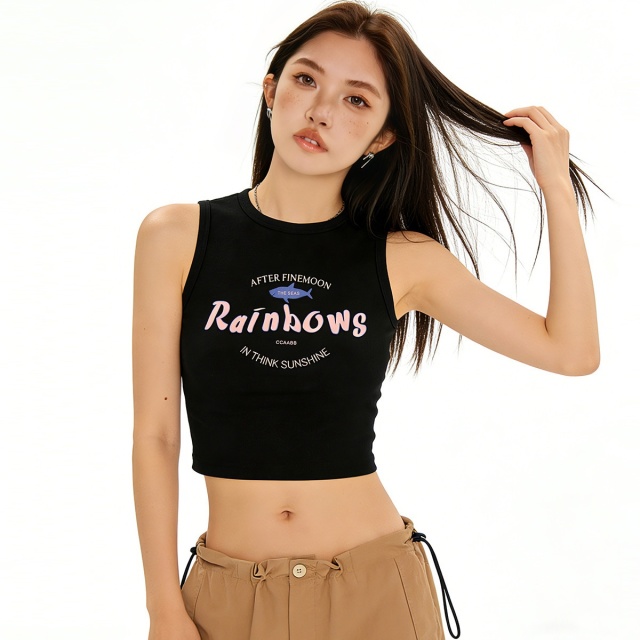 13715518.ccaabb女装2025夏季百搭字母印花无袖背心修身偏小一码